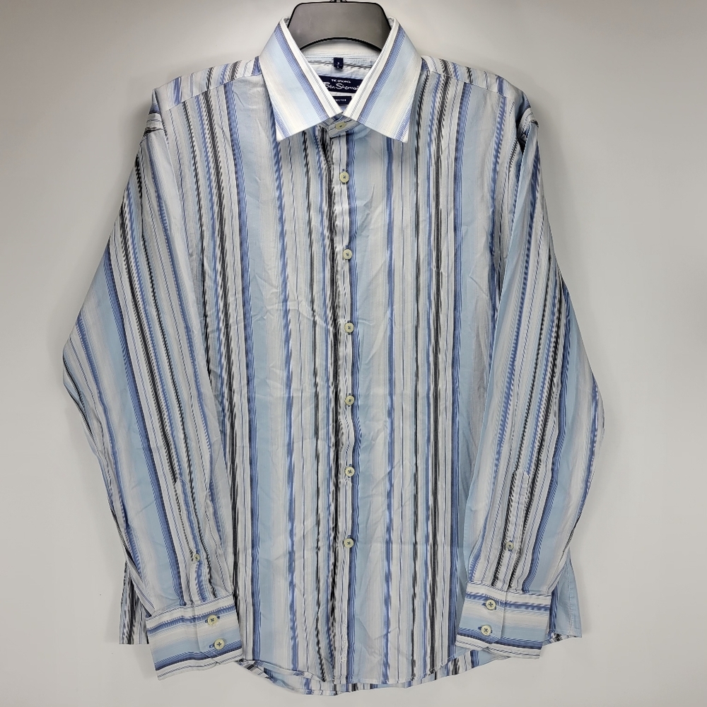 Ben Sherman Stretch Long Sleeve Button Shirt Striped Mens Large L Blue Comfort